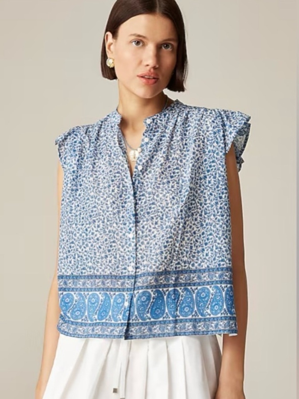 J.CREW flutter-sleeve button up shirt bandana block print blue boho size XXL